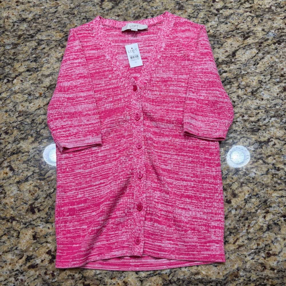 NEW LOFT Womens Pink Space Dye Knit V-Neck Short Sleeve Button Up Cardigan M ws